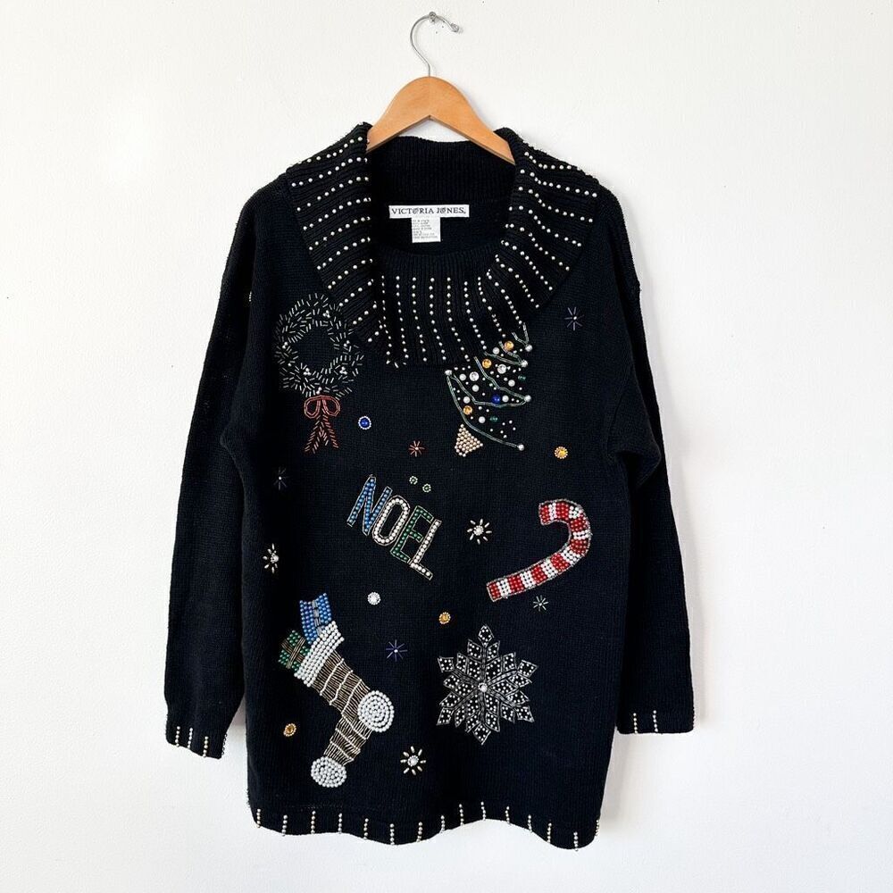 Victoria Jones Women’s Black Beaded Christmas Noel Cowl Neck Sweater